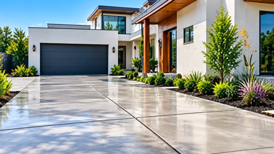 New concrete driveway at a modern Los Angeles home