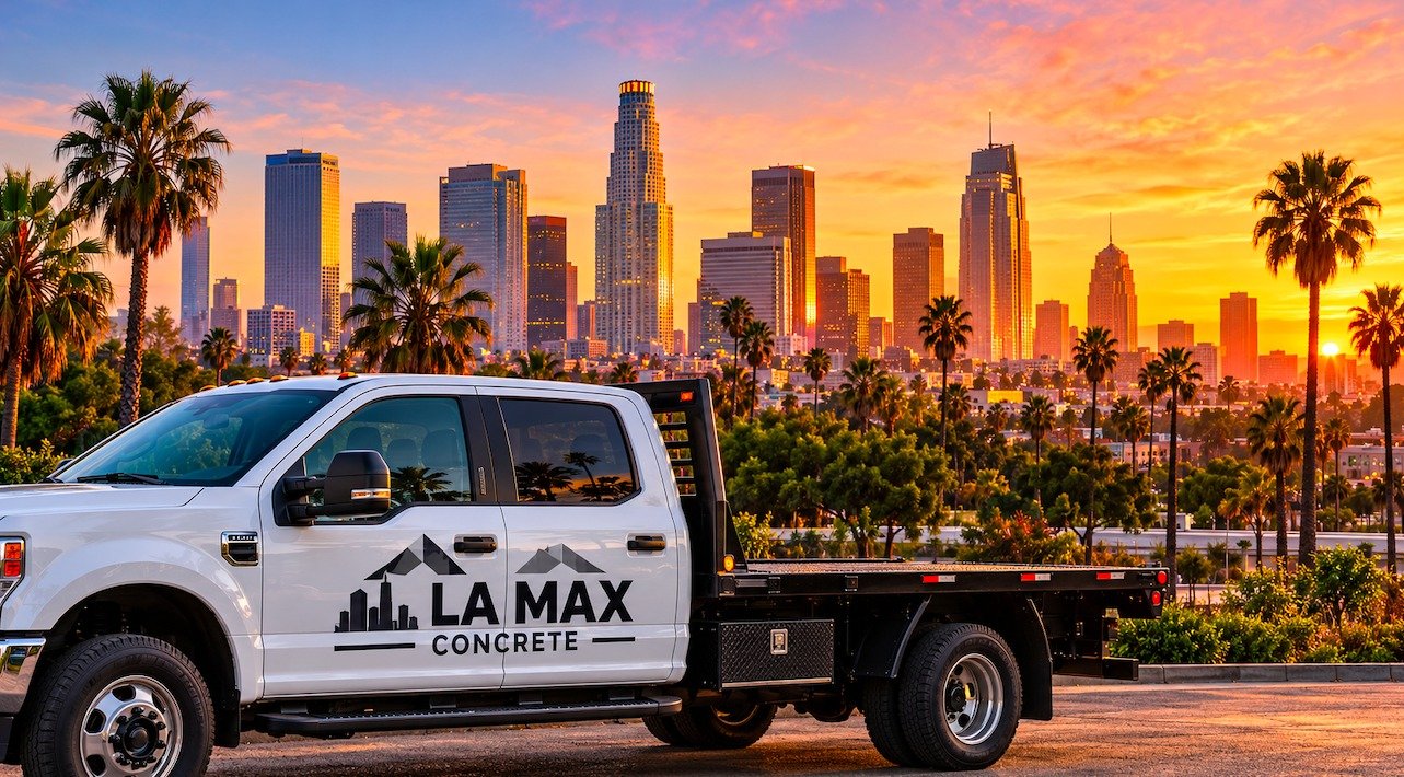 LA Max Concrete work truck at sunset with the Los Angeles skyline