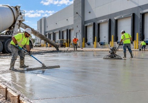Crew pouring and troweling concrete in front of warehouse loading dock doors