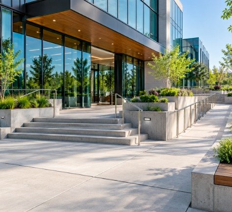 Office building entrance with wide concrete steps, handrails, planters, and an accessible walkway
