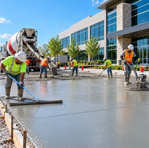Crew placing and power troweling a large commercial concrete slab outside an office building