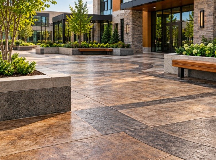 Stamped and colored concrete courtyard with planters and benches