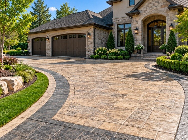 Stamped decorative concrete driveway with a dark contrasting border