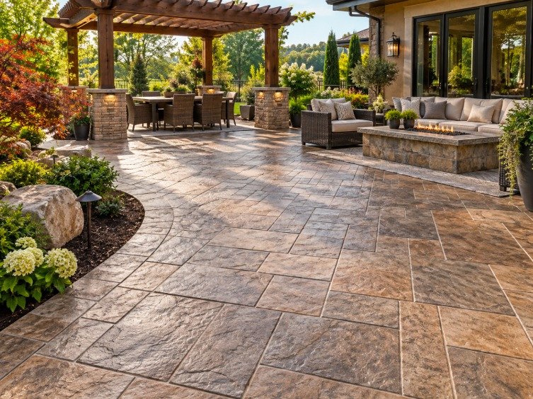 Stamped stone-pattern concrete patio with a pergola, dining set, and fire pit