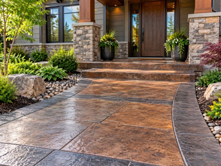 Stamped and colored concrete porch steps and entry walkway
