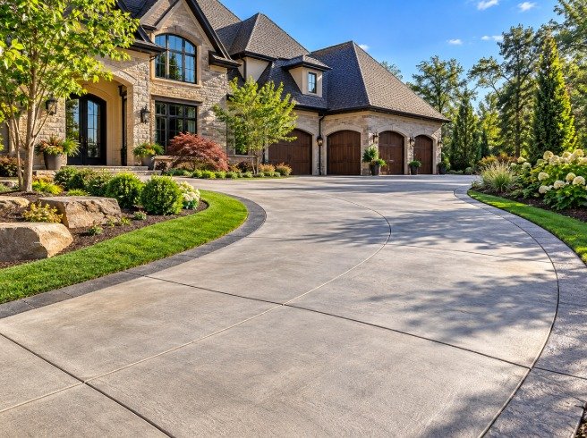 Curved decorative concrete driveway with a dark border