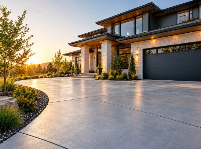 New concrete driveway at a modern Los Angeles home at sunset