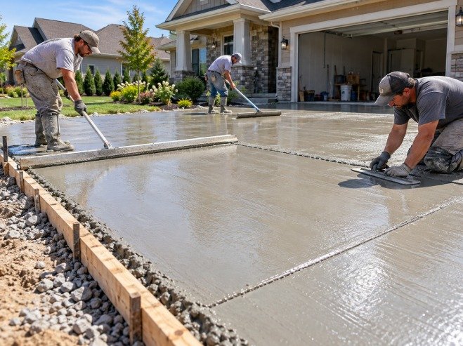 Crew screeding and finishing a freshly poured concrete driveway