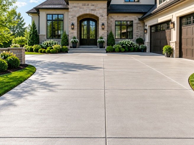Wide broom-finished concrete driveway in front of a stone house
