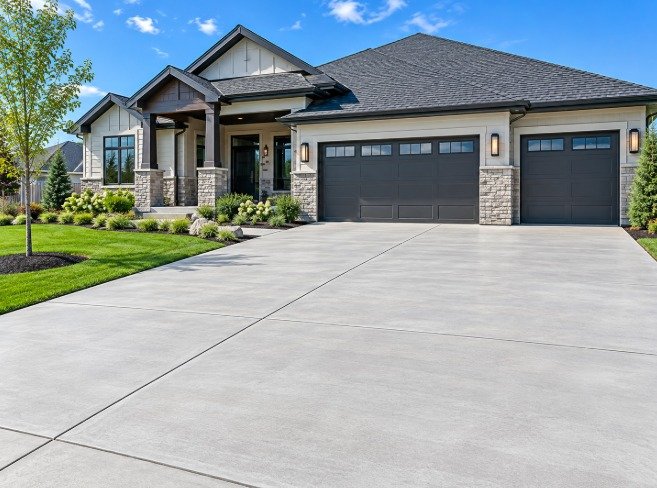Extra-wide concrete driveway serving a three-car garage