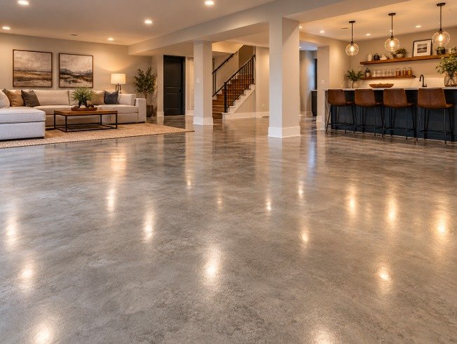 Finished basement with a polished concrete floor, sofa, and bar