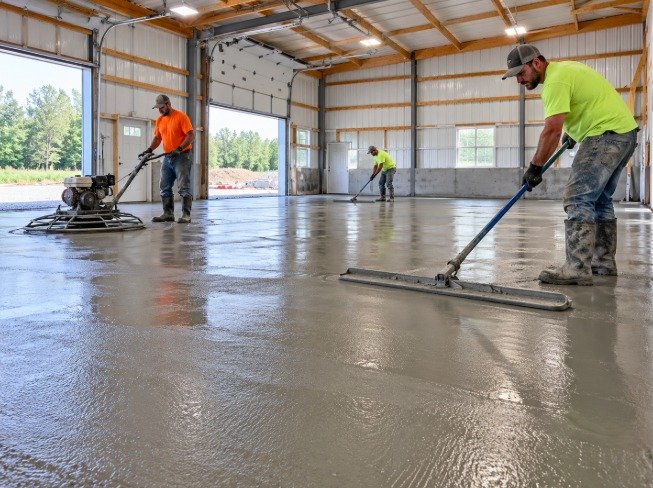 Crew power troweling and screeding a new concrete floor inside a large building