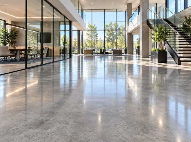 High-gloss polished concrete floor in a modern office lobby