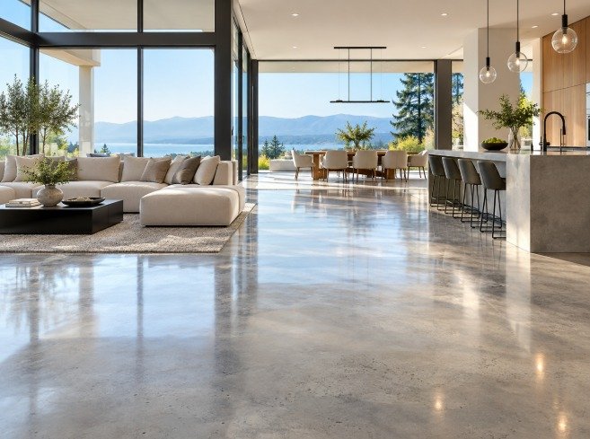 Polished concrete floor in a bright open-plan living space
