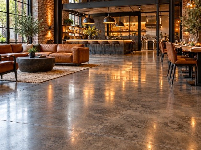 Polished decorative concrete floor in a restaurant with a lounge and bar