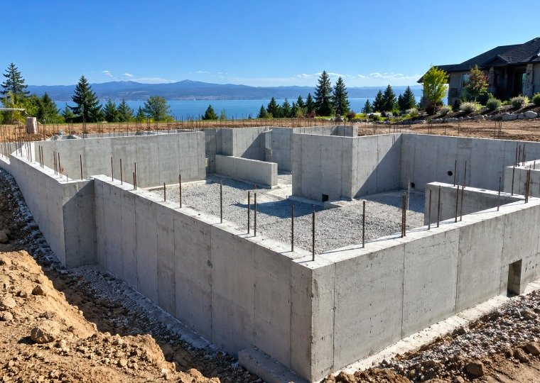 Poured concrete foundation walls for a new home