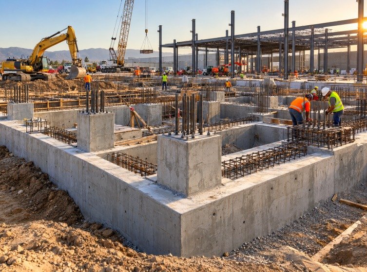 Large commercial foundation with reinforced footings, column pads, and steel framing