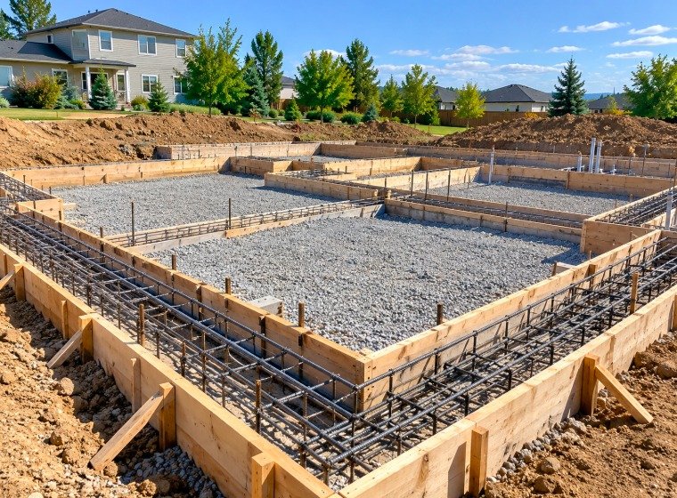 Wood forms and rebar set for new concrete footings and a slab foundation
