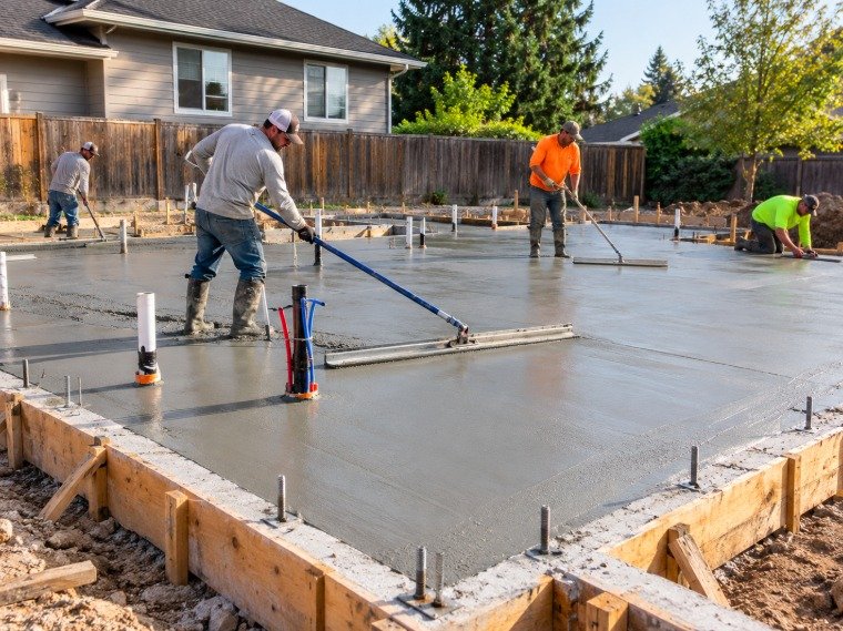 Crew screeding a new slab foundation with anchor bolts and plumbing in place