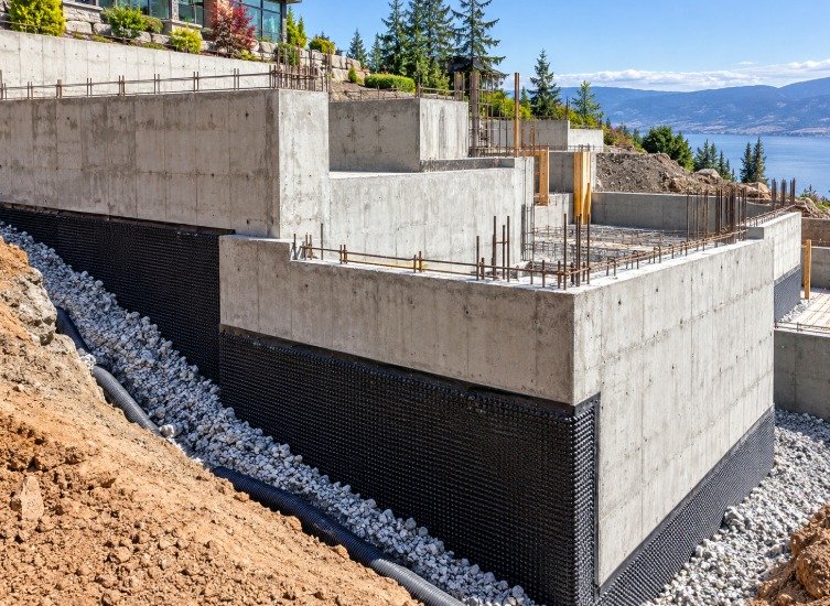 Foundation walls with waterproofing membrane, gravel, and perforated drain pipe