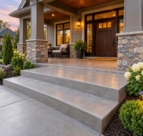 Wide concrete front porch steps leading to a covered porch with stone columns