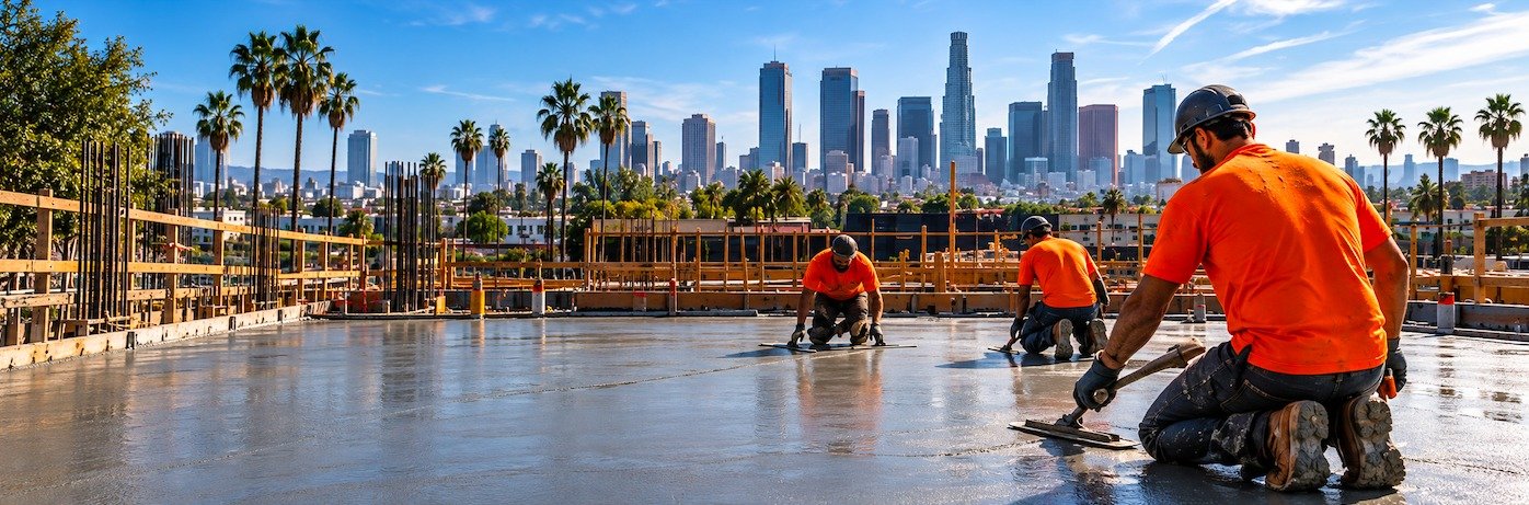 LA Max Concrete crew finishing a fresh concrete slab with the downtown Los Angeles skyline behind them