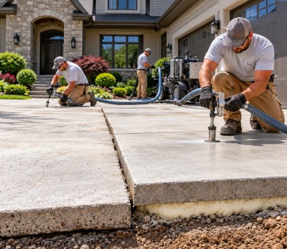Crew lifting a sunken driveway slab with material injected beneath the concrete