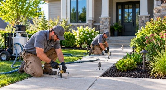 Technicians injecting material to lift a settled front walkway