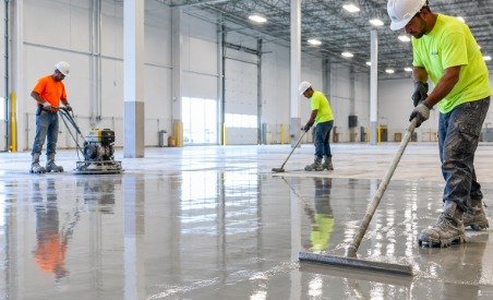 Crew applying and spreading a self-leveling layer across a warehouse concrete floor