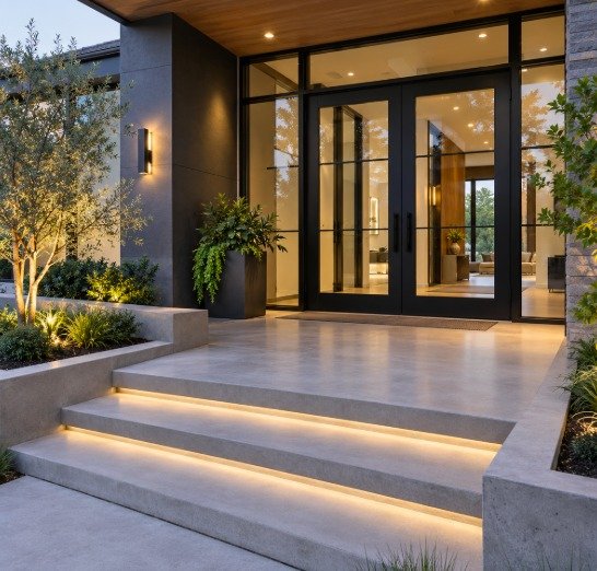 Modern concrete entryway with a wide landing, lit steps, and planters