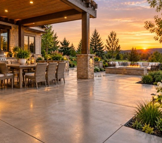 Covered concrete outdoor dining area with a fire pit lounge at sunset