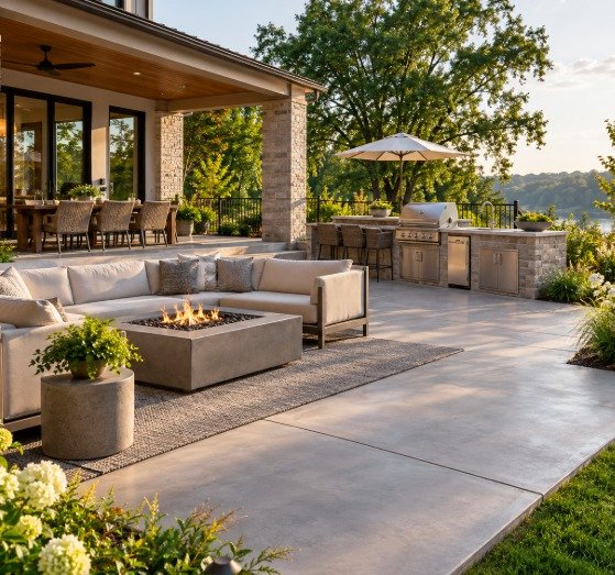 Outdoor kitchen and fire table on a large concrete patio