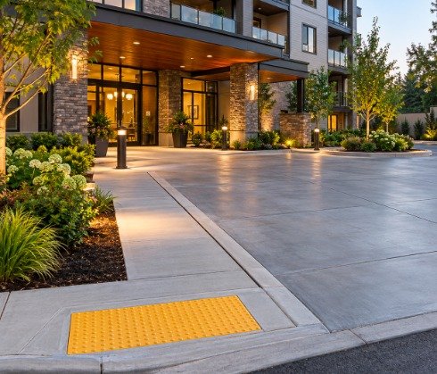 Concrete drop-off area and sidewalk with a curb ramp and yellow tactile warning pad