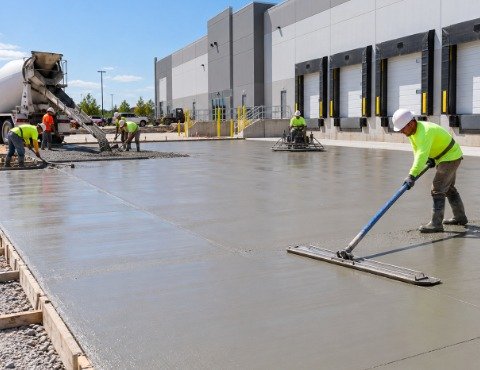 Crew placing a new concrete loading apron in front of warehouse loading docks