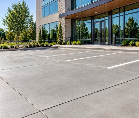 New concrete parking lot with white striping in front of a modern office building