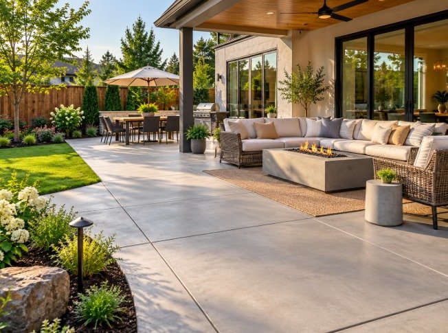 Large concrete patio with a lounge area, fire table, and outdoor dining