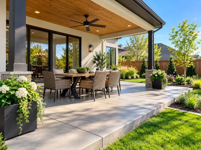 Covered concrete patio with a wood ceiling, fan, and outdoor dining table