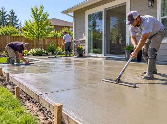 Crew leveling and finishing a freshly poured concrete patio behind a home