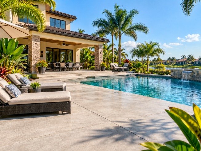 Poolside concrete patio with lounge chairs and palm trees