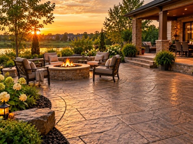 Stamped concrete patio with a fire pit and seating at sunset