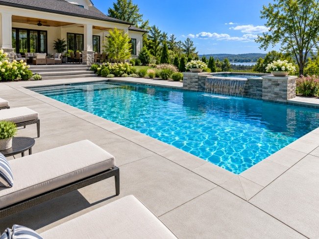 Rectangular pool with clean concrete coping and a light concrete deck