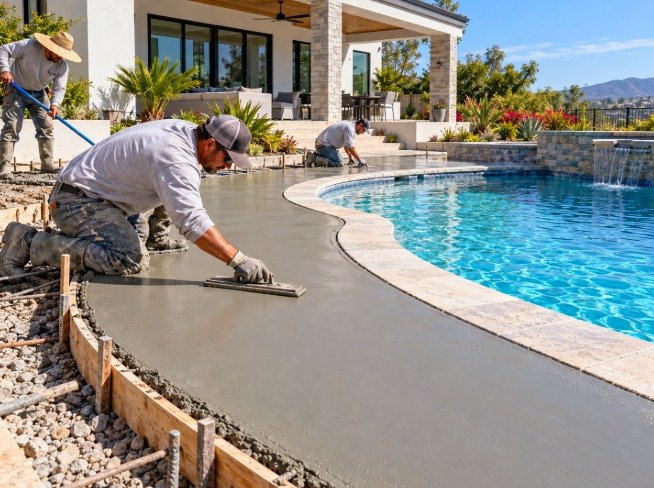 Crew troweling a new concrete pool deck along the pool coping