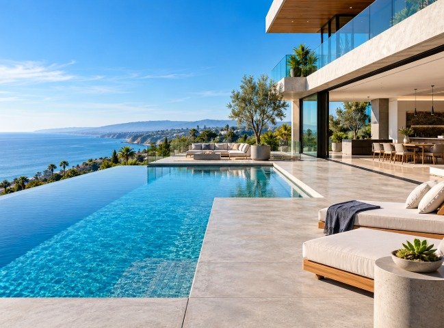 Infinity pool with a wide concrete deck overlooking the coast