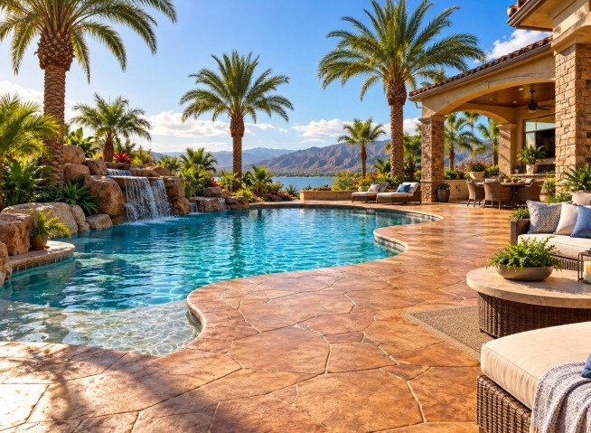 Stamped and colored stone-pattern concrete pool deck with palm trees and a waterfall