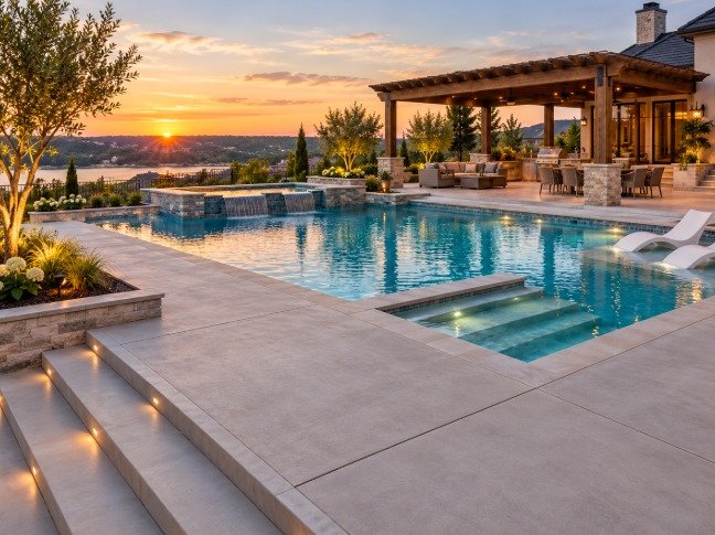 Concrete pool deck with lit steps, a spa, and a pergola at sunset