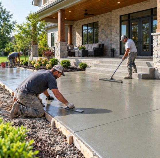 Crew finishing a new concrete porch and patio slab in front of a covered porch
