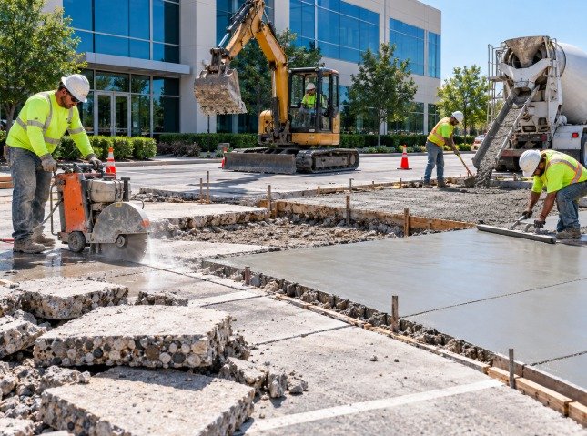 Crew saw cutting and removing commercial concrete with an excavator