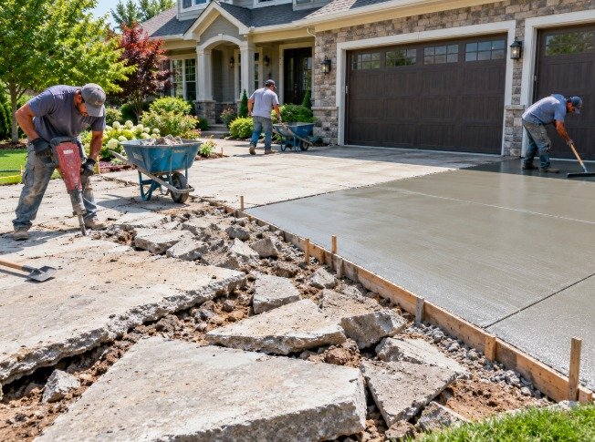 Crew breaking out an old concrete driveway while new concrete is placed beside it