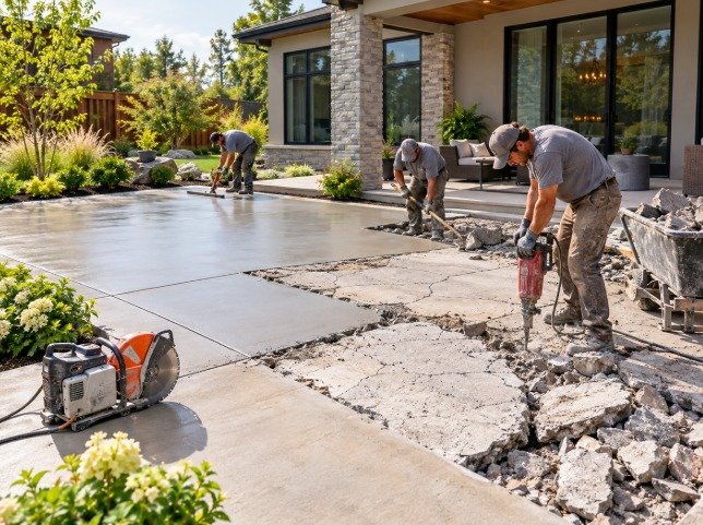 Crew breaking out an old patio slab next to freshly poured replacement concrete