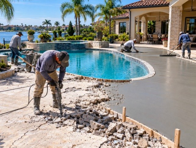 Old pool deck being broken out while new concrete is finished around the pool